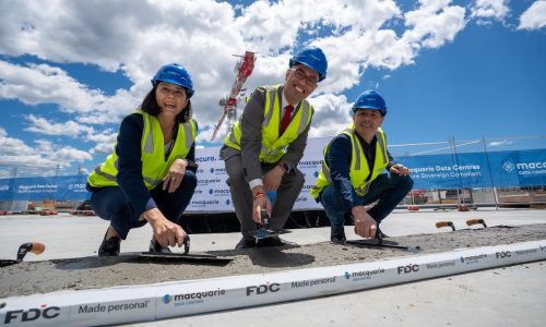 Pictured L-R: Lisa Brock Macquarie Technology Group, NSW Treasurer Daniel Mookhey and David Hirst Macquarie Data Centres
